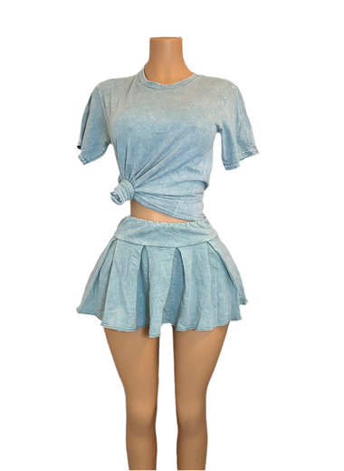 Tia - Mineral wash Tee & Pleated Skirt Set Baby Green