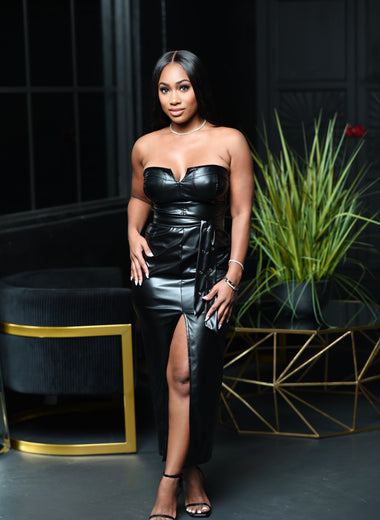Aurora Strapless Pu Leather Dress- Black