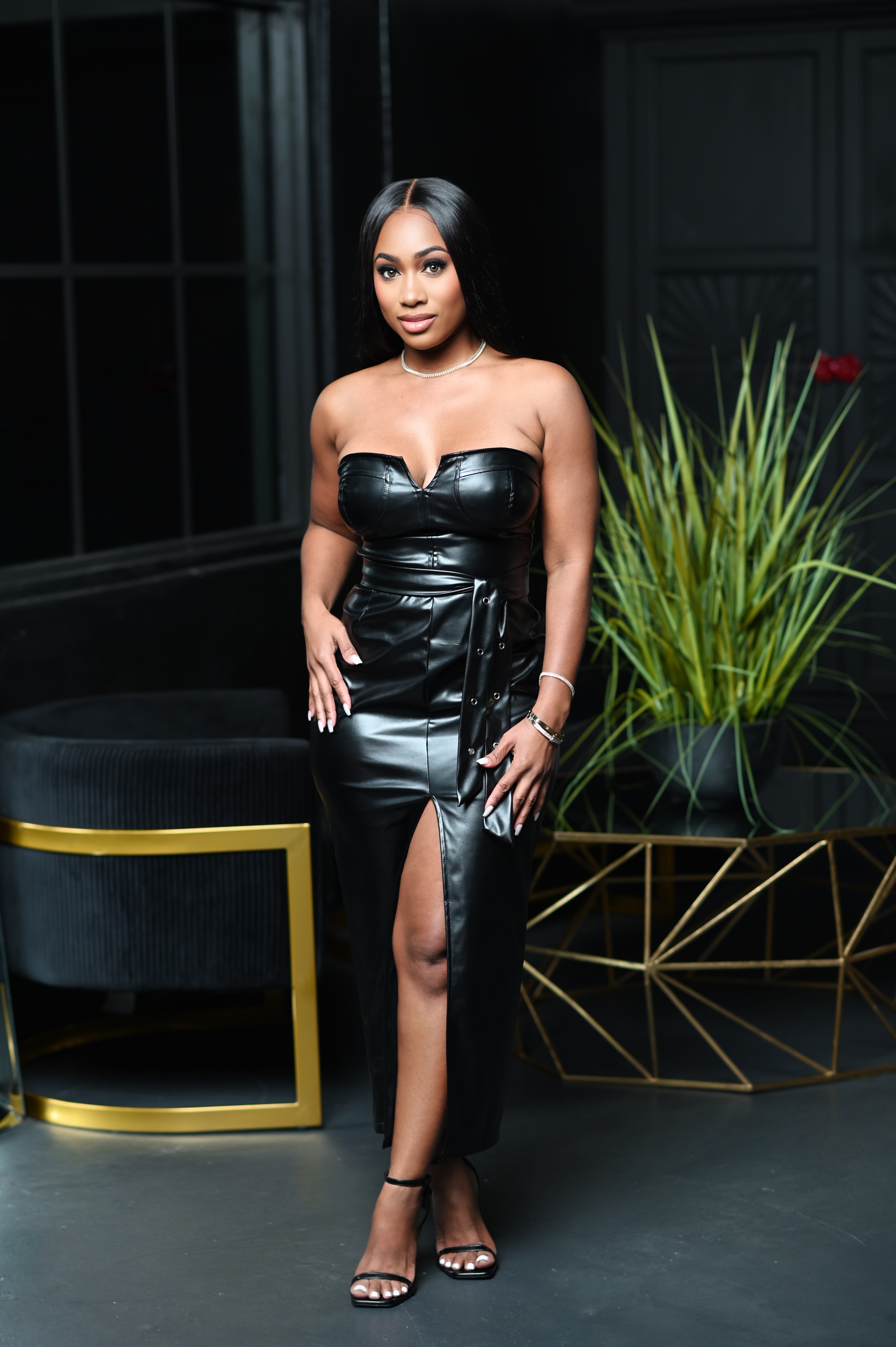 Aurora Strapless Pu Leather Dress- Black Small